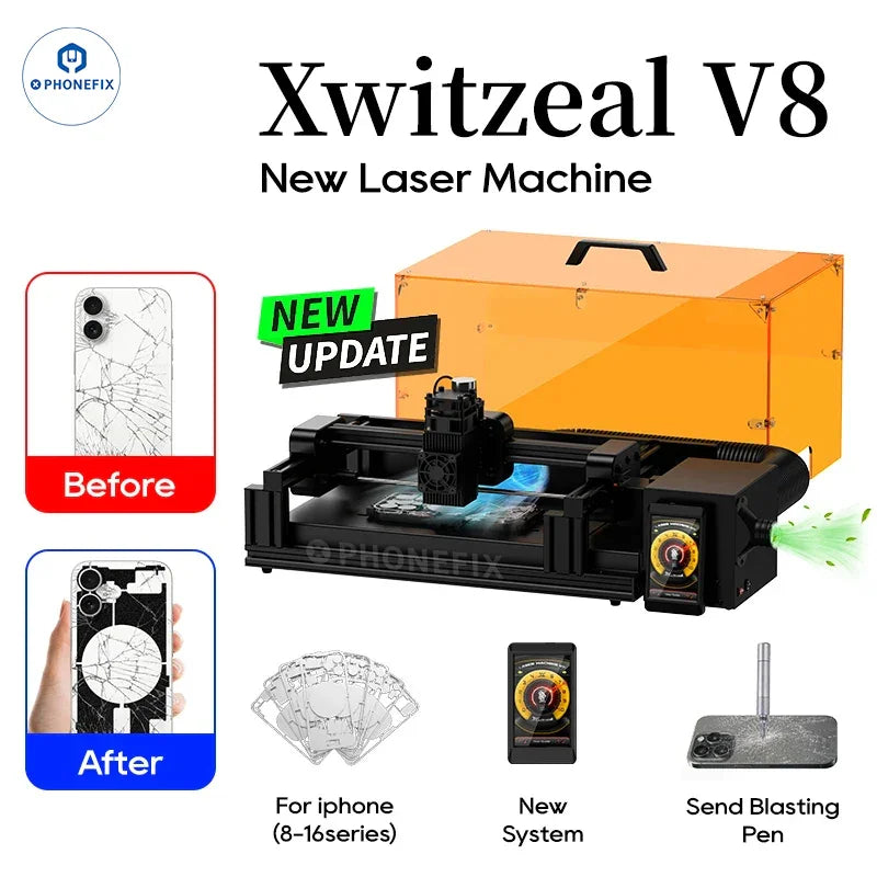 La herramienta de rectificado de placas de circuito impreso Xwitzeal V8 Ultra Laser Machine de PHONEFIX se utiliza para la extracción del cristal trasero del iPhone 8-16, como se muestra en la imagen.