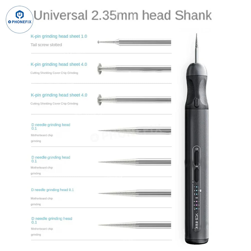 PHONEFIX YCS Electric Polishing Pen for PCB, CPU, and IC grinding tool with precision tip for phone repair and circuit board polishing.