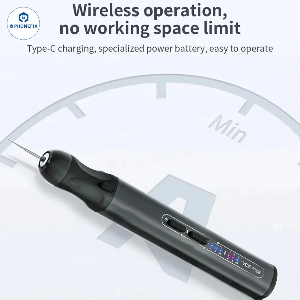 YCS PHONEFIX electric polishing pen for phone PCB and CPU screen IC grinding, featuring a compact handheld PCB grinding tool.