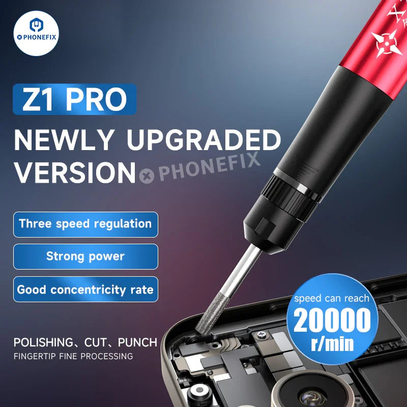 XZZ Z1 Pro electric polishing pen by PHONEFIX for mobile phone PCB and IC grinding, showing the pen with grinding tip and control buttons.
