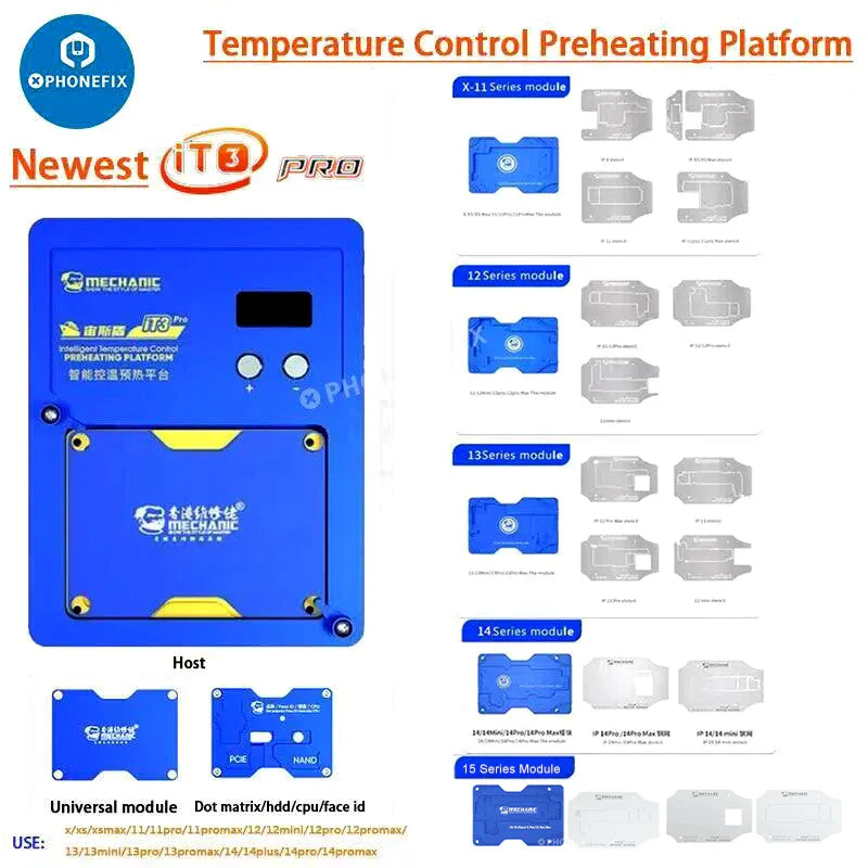 PHONEFIX iT3 PCB heating platform for iPhone X-15 Pro Max repair, used for preheating and removing components during repairs.