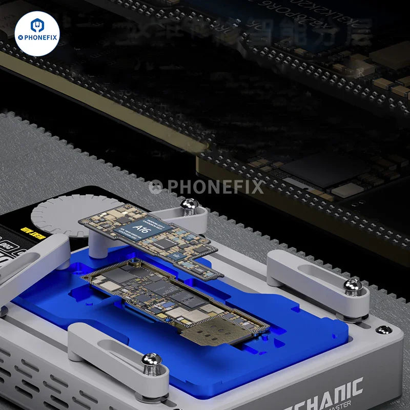 PhoneFix PCB heating platform for iPhone X-16 Pro Max, mechanic heat air desoldering station with heating platform and tools.