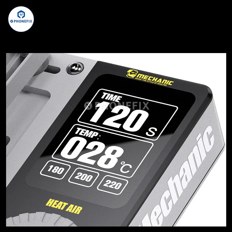 PhoneFix PCB heating platform for iPhone X to 16 Pro Max desoldering, with air heat tool for electronic repair.