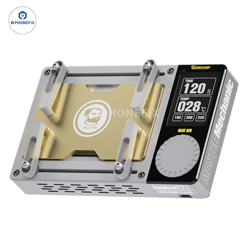 PhoneFix PCB heating platform for iPhone X to Pro Max, air desoldering station, compact tool for electronics repair.