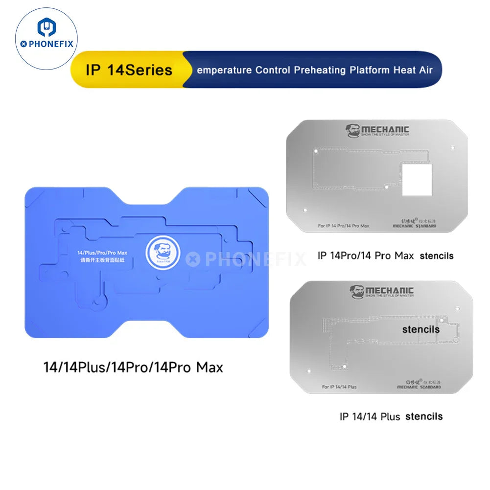 PHONEFIX PCB heating platform for iPhone X-16 Pro Max, mechanic heat air desoldering station with digital controls and heating elements.