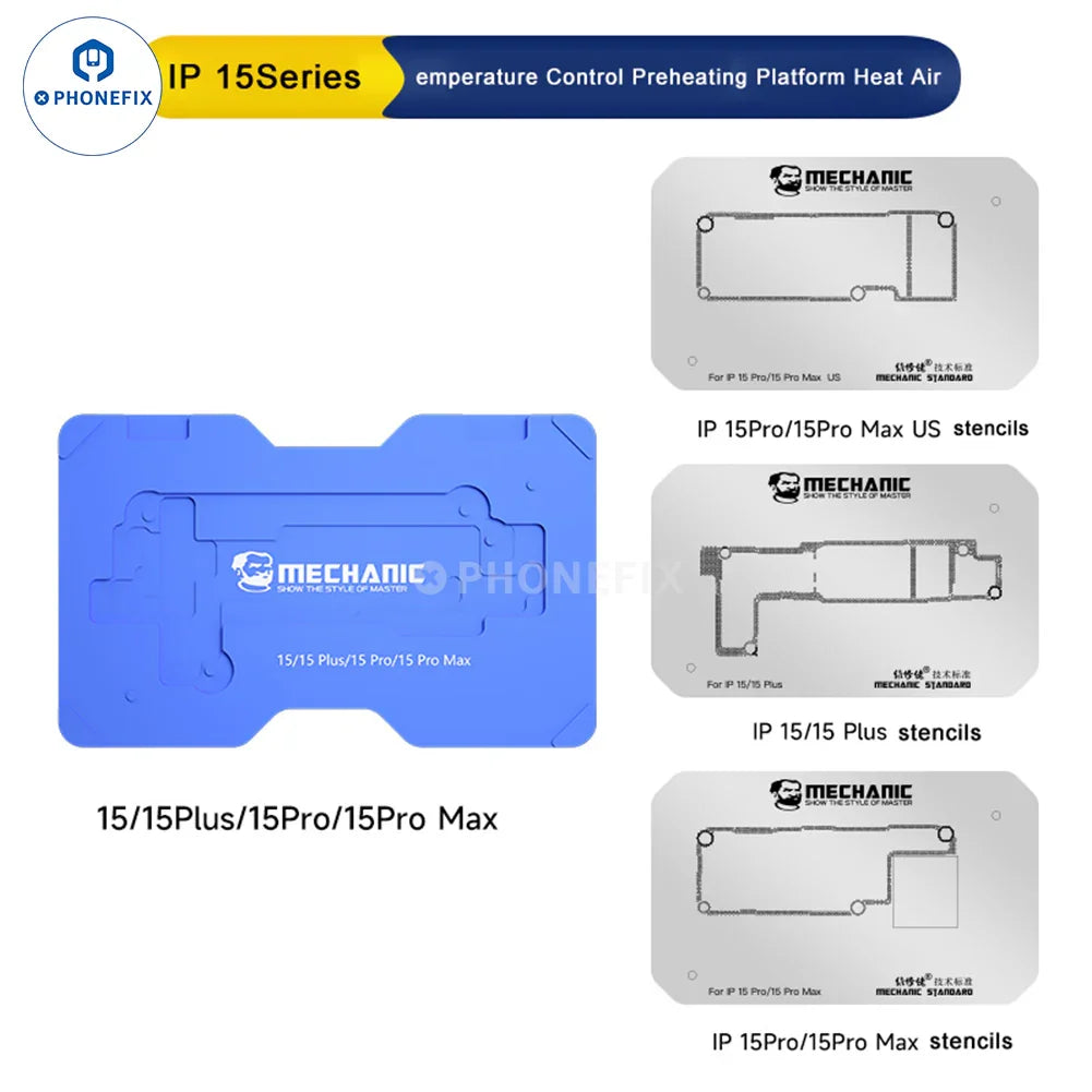 PhoneFix PCB heating platform for iPhone X to 16 Pro Max, used as an air desoldering station for electronics repair.