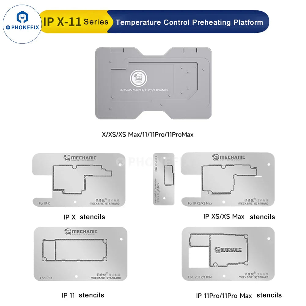 PhoneFix PCB heating platform for iPhone X to 16 Pro Max, used in mechanic heat air desoldering stations for PCB repair.