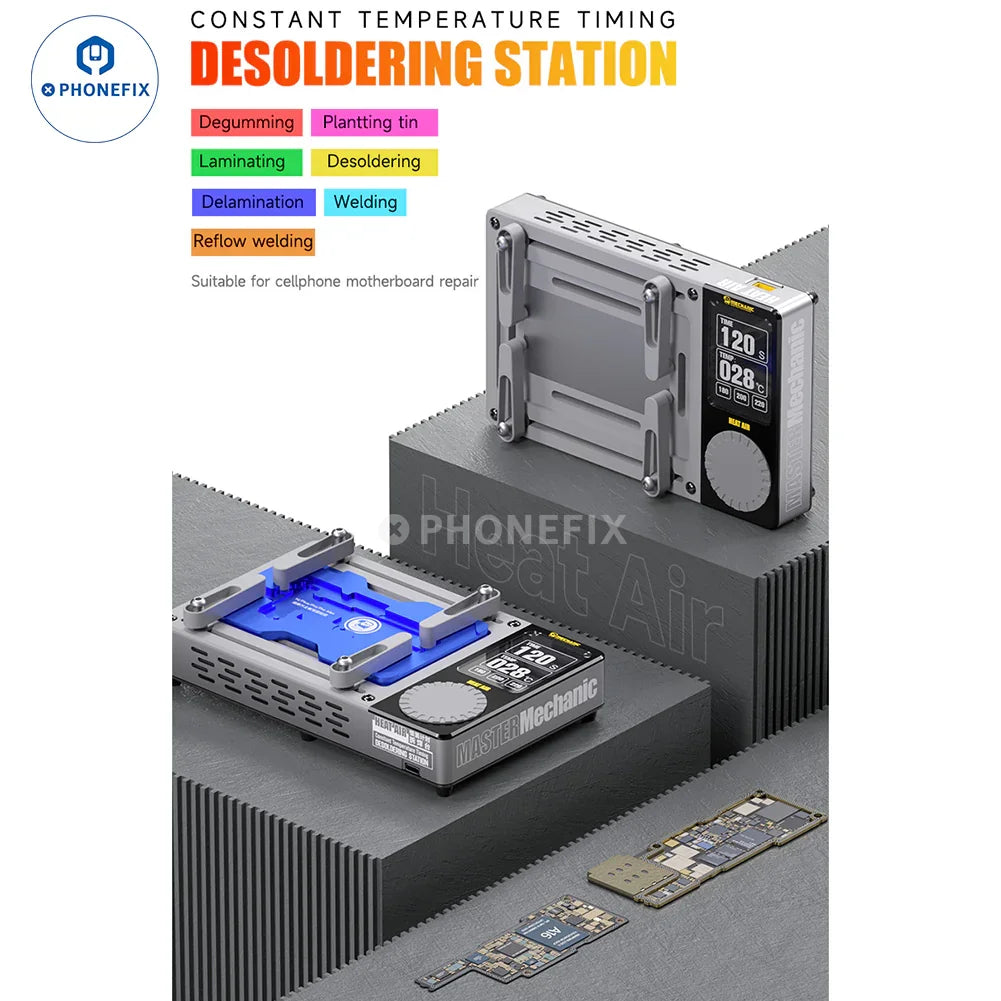 PhoneFix PCB heating platform for iPhone X-16 Pro Max, used in heat air desoldering and repair of mobile circuit boards.