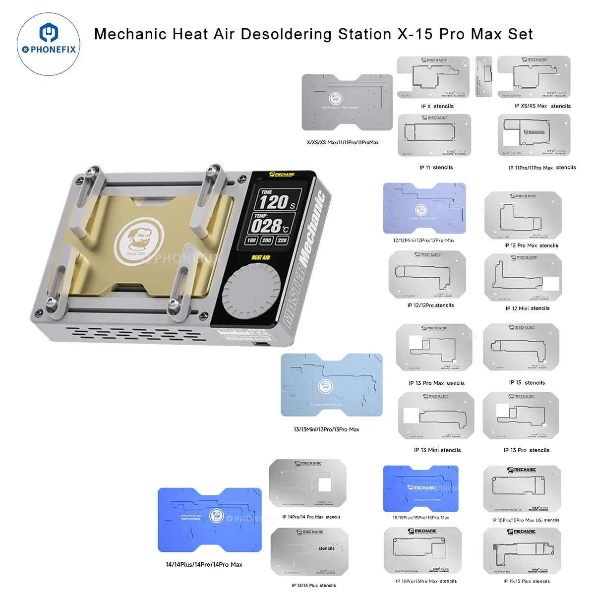 PhoneFix PCB heating platform for iPhone X to 16 Pro Max, air desoldering station with heating platform for mobile device repair.