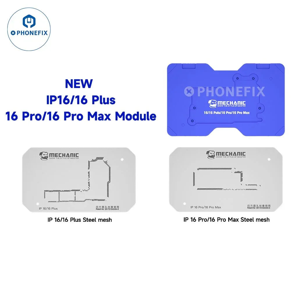 PHONEFIX mechanic heat air desoldering station with PCB heating platform for iPhone X-16 Pro Max repair, showing the device and control panel.