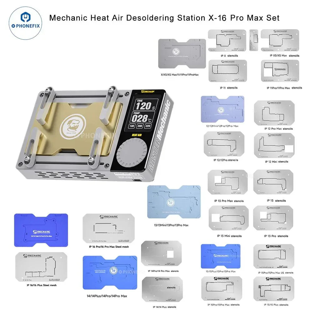 PHONEFIX Mechanic Heat Air Desoldering Station for iPhone X-16 Pro Max with PCB heating platform, used for electronics repair.