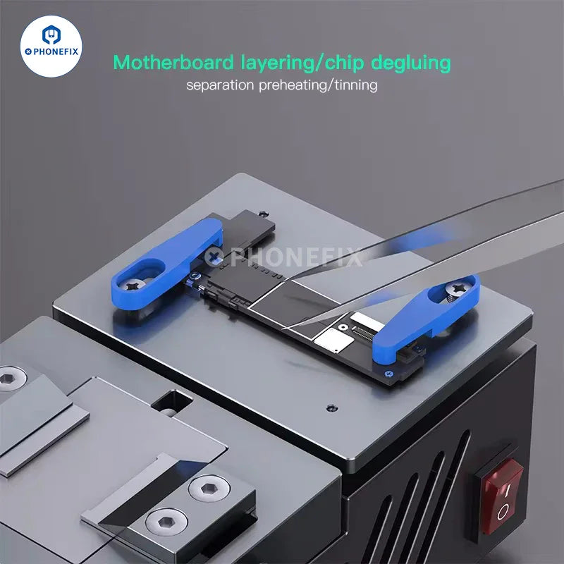 PHONEFIX HMT-X1 PCB heating platform with motherboard layering chip glue removal heating table, featuring a flat heating surface and controls.