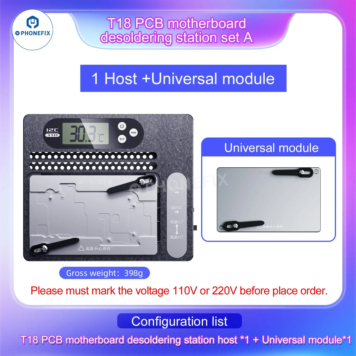 PHONEFIX I2C T18 motherboard layered desoldering station with PCB heating platform for iPhone X to 16 Pro Max, 110V US plug.