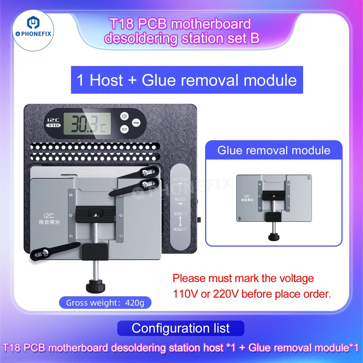 PhoneFix I2C T18 motherboard layered desoldering station with PCB heating platform for iPhone X to 16 Pro Max, 110V US plug.