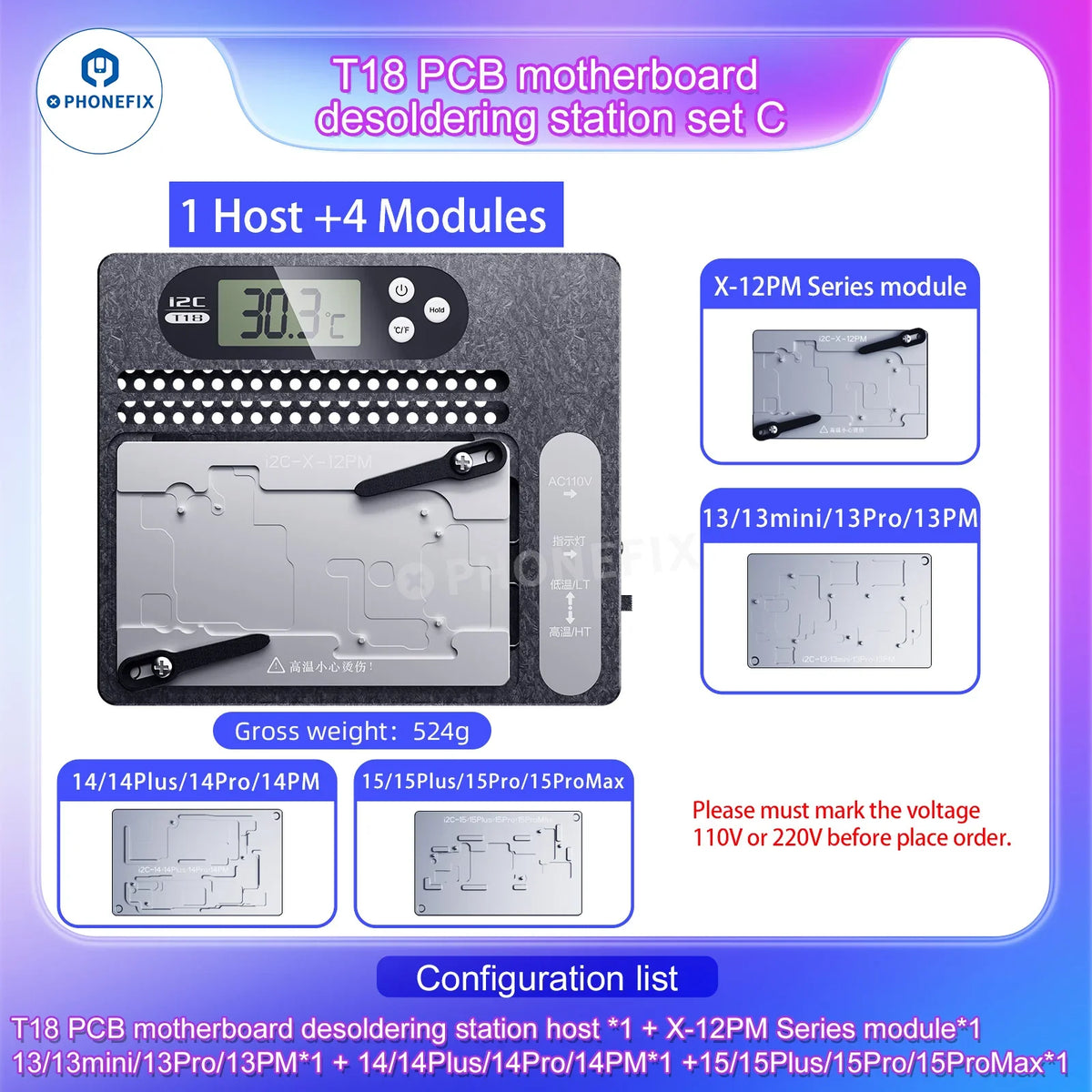 I2C T18 Motherboard Layered Desoldering Station for iPhone X to 16 Pro Max, PCB heating platform by PHONEFIX with multiple molds.