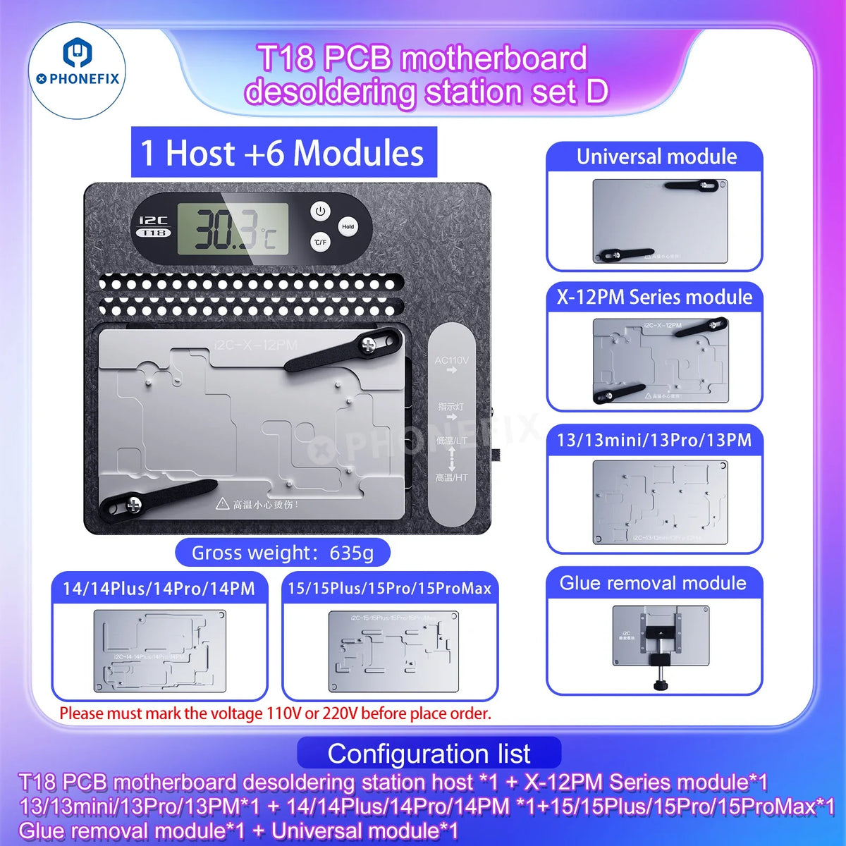 I2C T18 motherboard layered desoldering station for iPhone X-16 Pro Max, featuring a PCB heating platform by PHONEFIX.