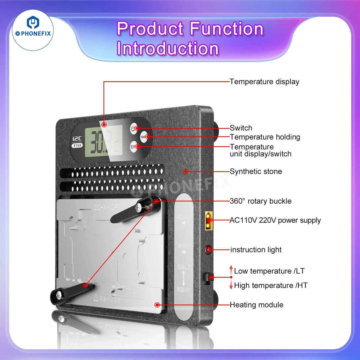 PHONEFIX I2C T18 motherboard layered desoldering station with PCB heating platform for iPhone X to Pro Max models.