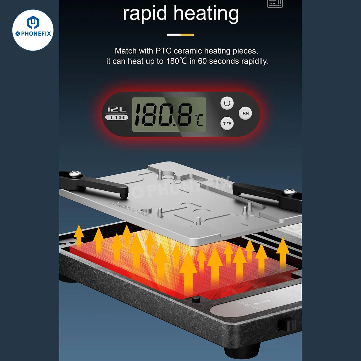 PhoneFix I2C T18 motherboard layered desoldering station with PCB heating platform for iPhone X to 16 Pro Max repair.