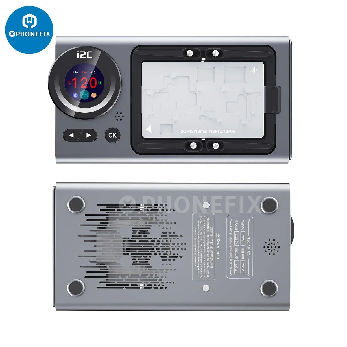 PHONEFIX i2C T20 PCB heating platform for iPhone X-16 Pro Max de-soldering station with 7 molds, 110V US plug.