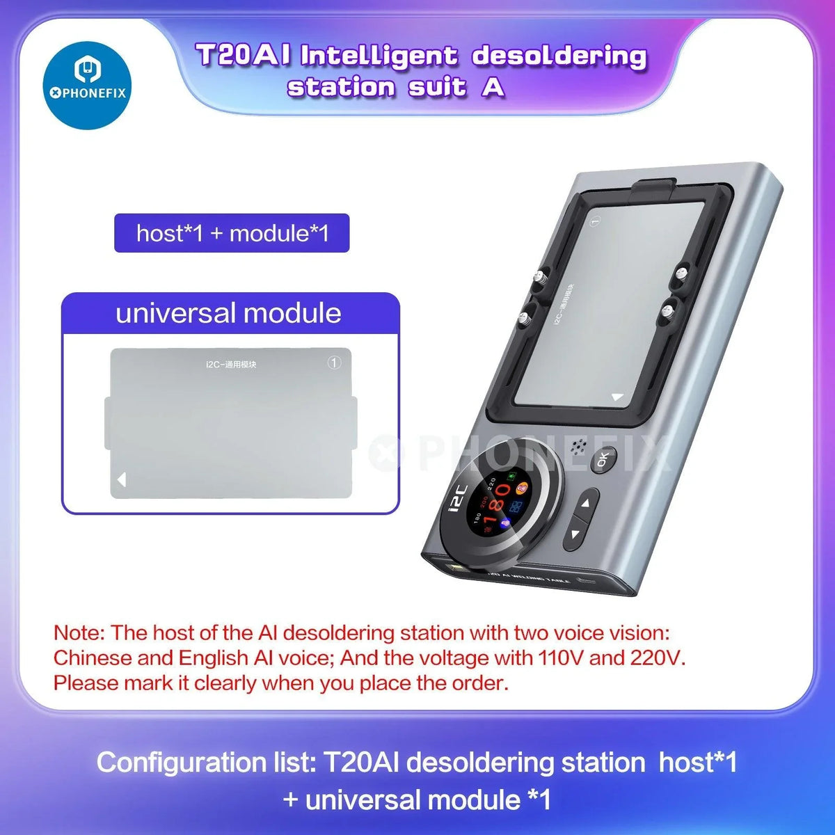 PhoneFix i2C T20 intelligent PCB de-soldering station with heating platform and 7 molds for iPhone X to 16 Pro Max repair.