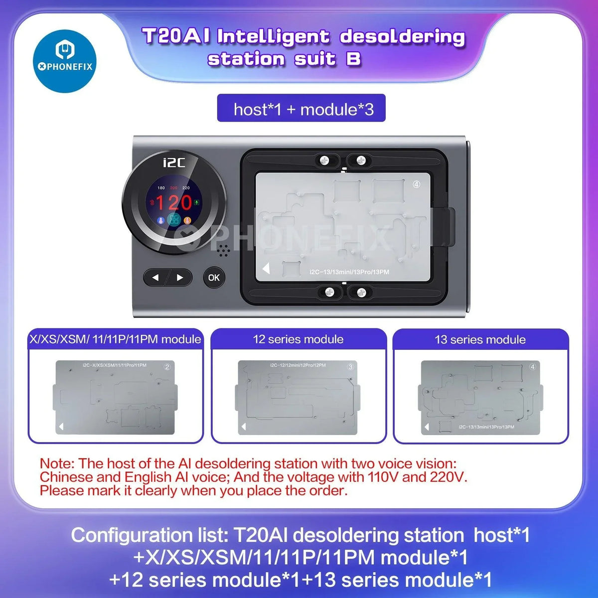 PhoneFix i2C T20 intelligent PCB de-soldering station with heating platform and 7 molds for iPhone X to Pro Max, 110V US plug.