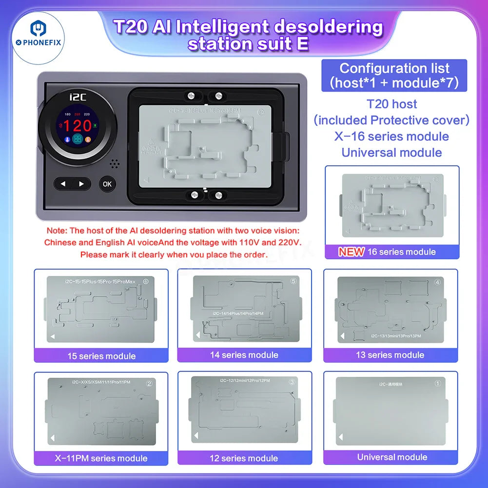 PhoneFix i2C T20 intelligent PCB de-soldering station with heating platform and seven molds for iPhone X to 16 Pro Max.