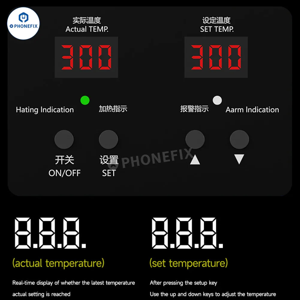 Phonefix HT-30 HT-34 dual-display thermostatic heating station on PCB heating platform with control dials and digital temperature display.