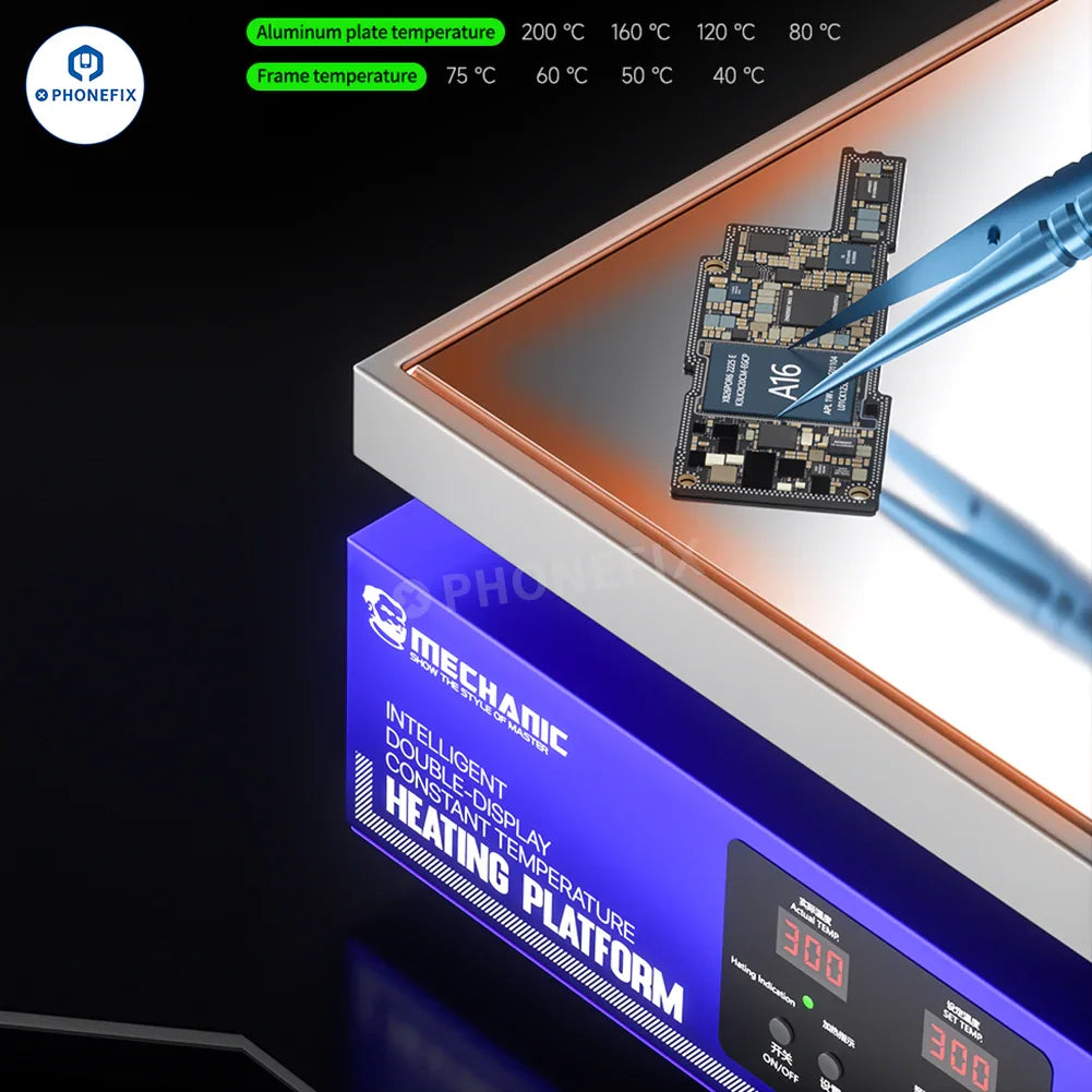 PhoneFix MECHANIC HT-30 HT-34 dual-display thermostatic PCB heating station with digital controls and heating platform.