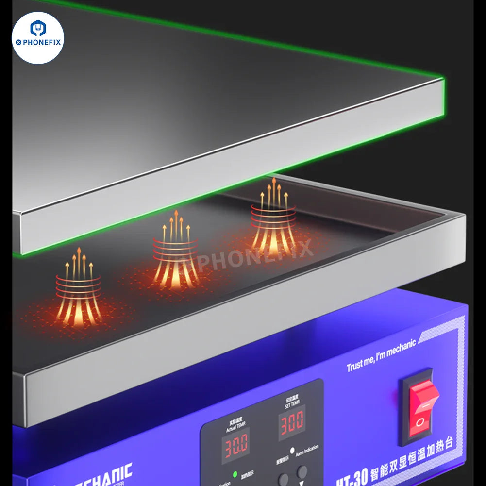 PhoneFix PCB heating platform HT-30 HT-34 dual-display thermostatic heating station with control panels and heating elements.