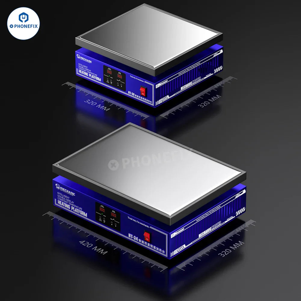 Phonefix PCB heating platform HT-30 HT-34 dual-display thermostatic heating station showing control panel and heating elements.
