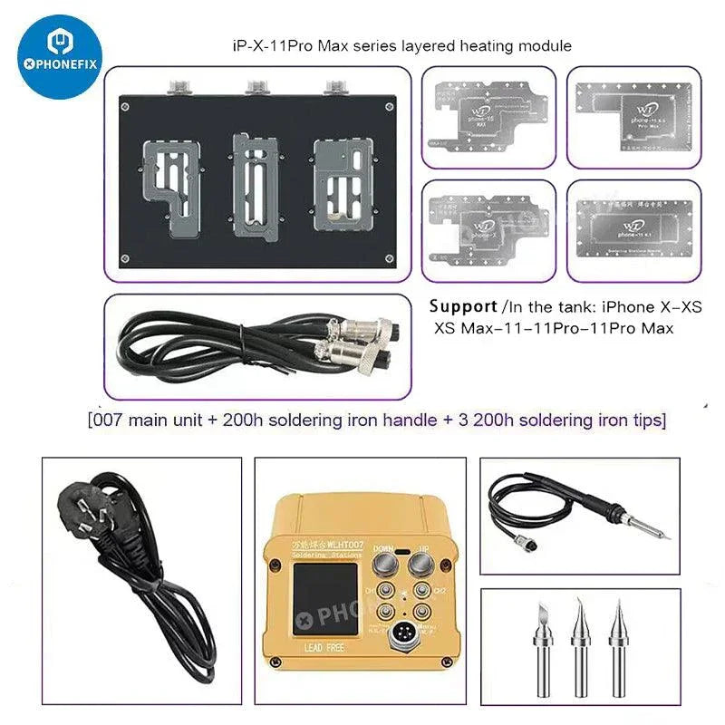 PHONEFIX HT007 motherboard layered soldering station with PCB heating platform for iPhone X to 17 Pro Max repair.
