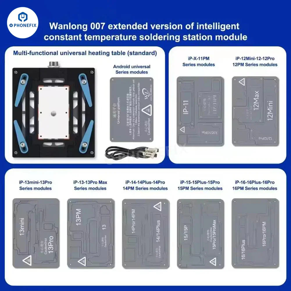 PHONEFIX HT007 motherboard layered soldering station with PCB heating platform for iPhone X to 17 Pro Max repair.
