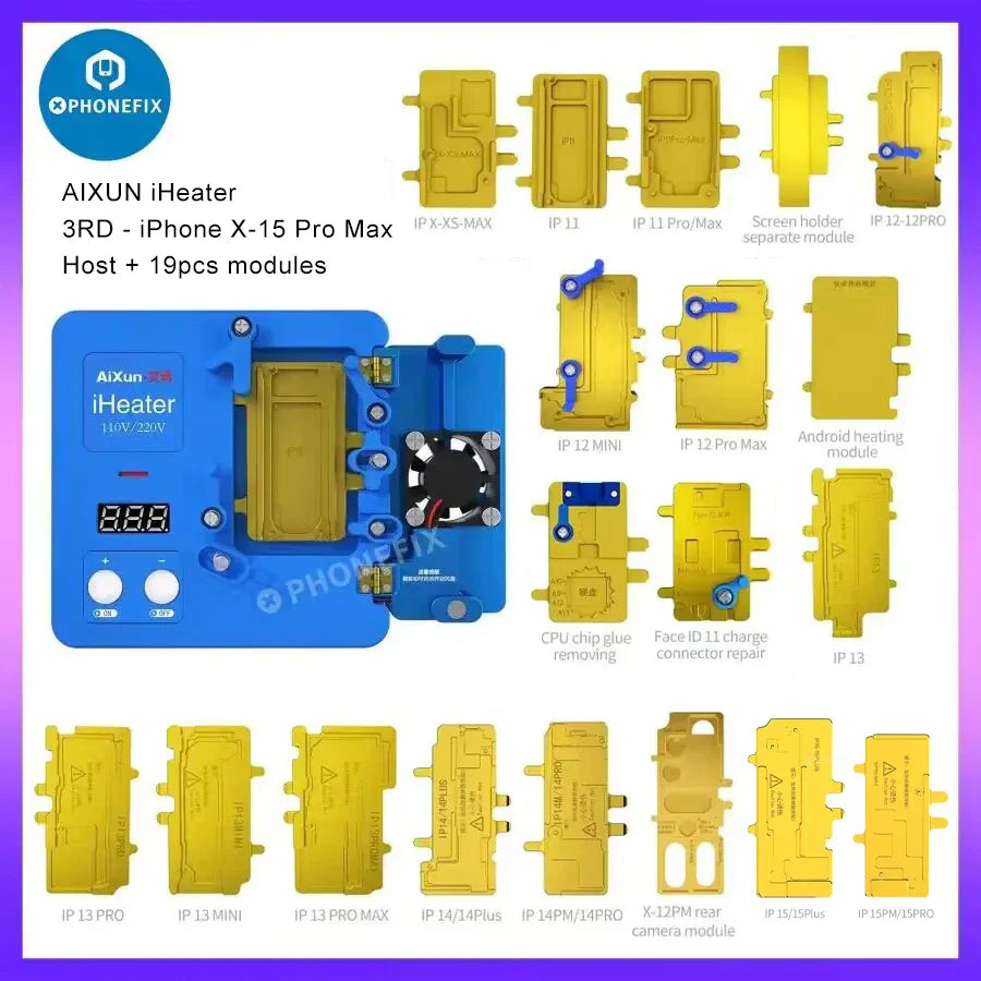 Phonefix JC iHeater PCB heating platform for motherboard Face ID repair, 24-piece set, 110V desoldering station heating plate
