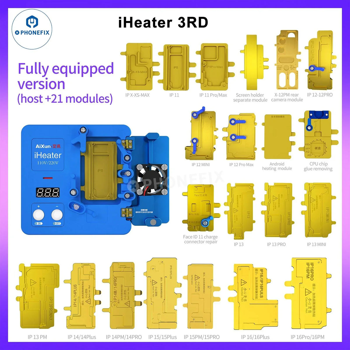 Aixun iHeater pre-heating station with PHONEFIX PCB heating platform, showing the heated platform with control buttons and display.