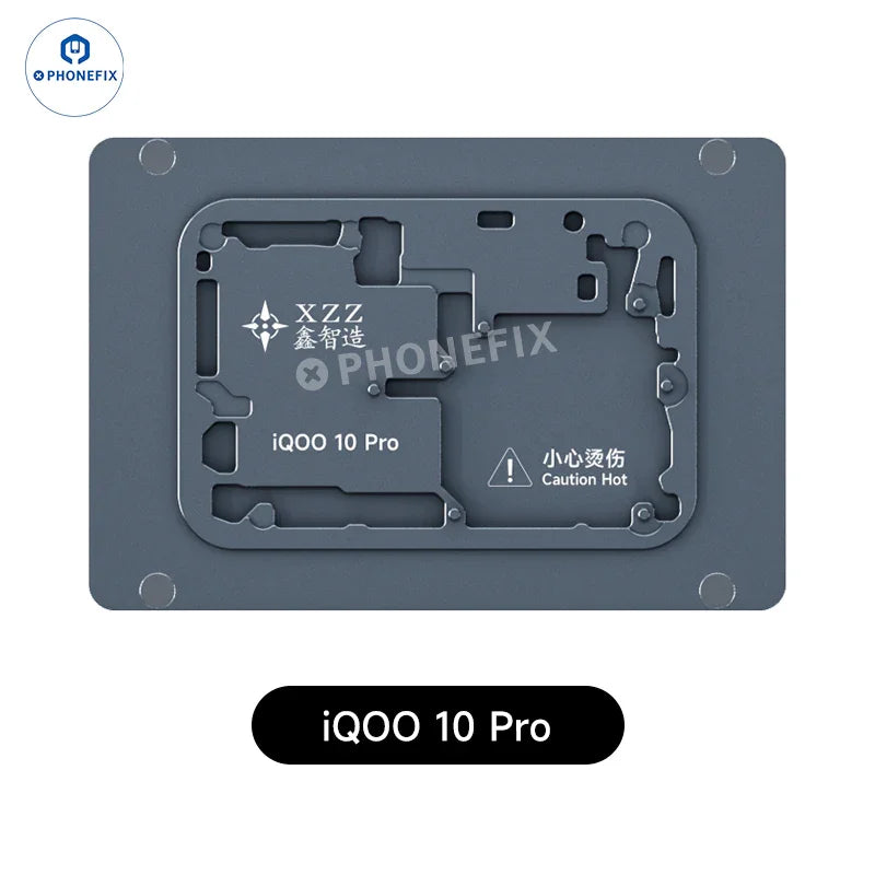iQOO 10 Pro Android phone motherboard heating module on PHONEFIX PCB heating platform for reballing and repair.