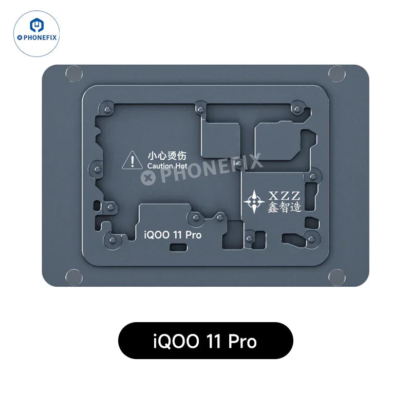 iQOO 11 Pro Android phone motherboard heating module on PHONEFIX PCB heating platform for reballing and repair.