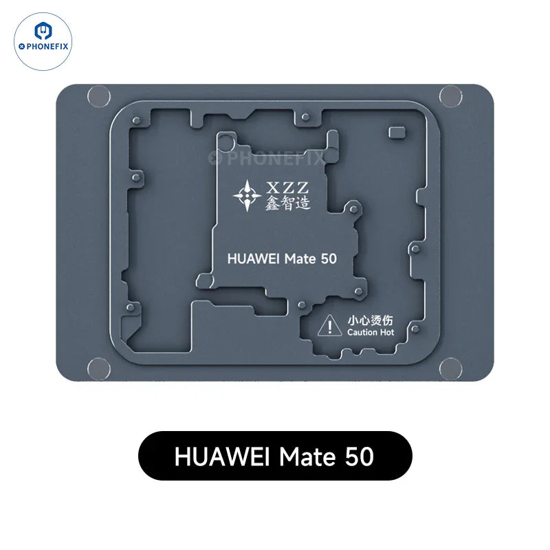 HUAWEI Mate 50 Android phone motherboard heating module on PHONEFIX PCB heating platform for reballing and repair.
