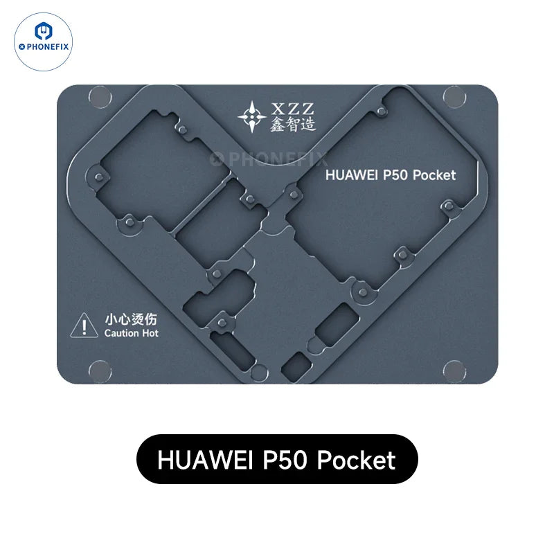 HUAWEI P50 Pocket Android phone motherboard heating module on PHONEFIX PCB heating platform for reballing and repair.