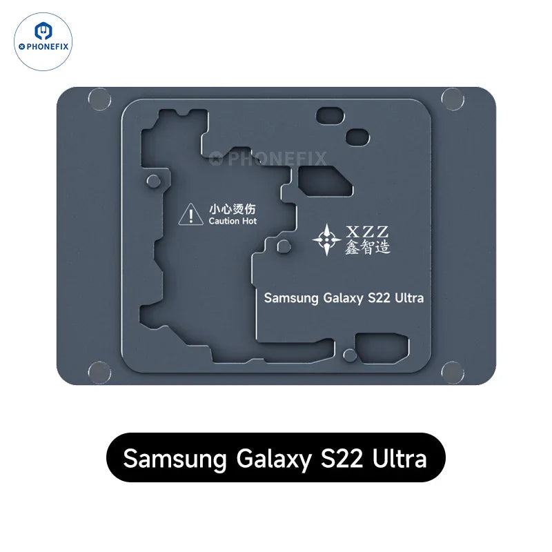 Samsung Galaxy S22 Ultra motherboard heating module on PHONEFIX PCB heating platform for reballing and repair.
