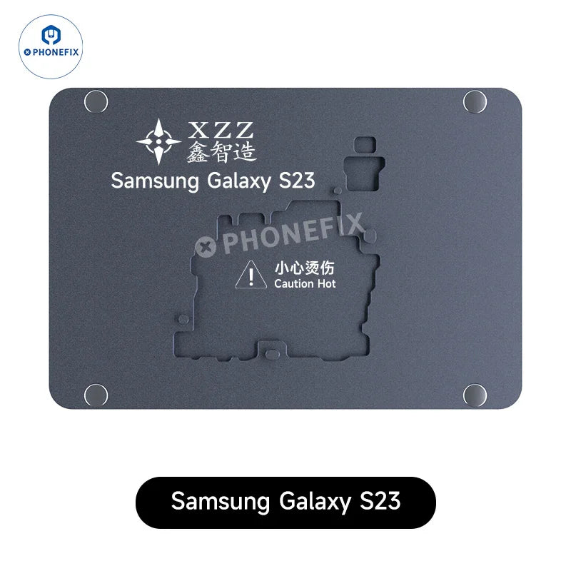 Samsung Galaxy S23 motherboard heating module for reballing on PHONEFIX PCB heating platform, used for Android phone repairs.