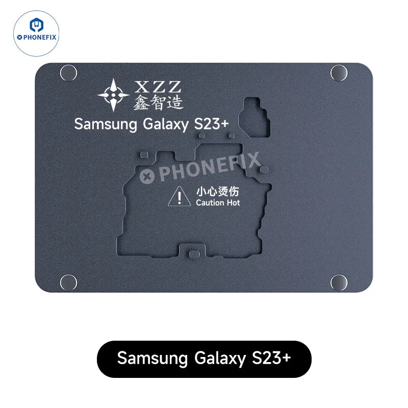 Samsung Galaxy S23 motherboard heating module on PHONEFIX PCB heating platform for reballing and repair processes.