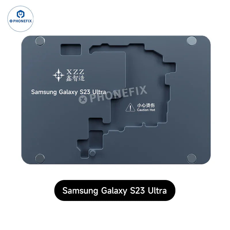 Samsung Galaxy S23 Ultra motherboard on PHONEFIX XZZ L2023 Android PCB heating platform for reballing and repair.