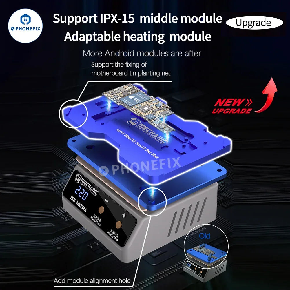 PHONEFIX Mechanic IX5 Ultra PCB heating platform for iPhone X to 15 Pro Max, used for preheating and repair tasks.