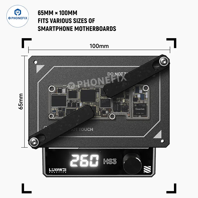 PhoneFix LUOWEI HS3 PCB heating platform for preheating and removing IC glue from phone PCBs, with 110V US plug.