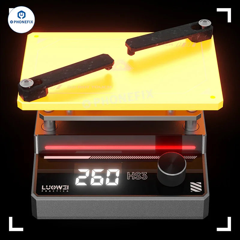 LUOWEI HS3 PCB heating platform from PHONEFIX used for preheating and removing IC glue from phone PCBs, with heating elements visible.