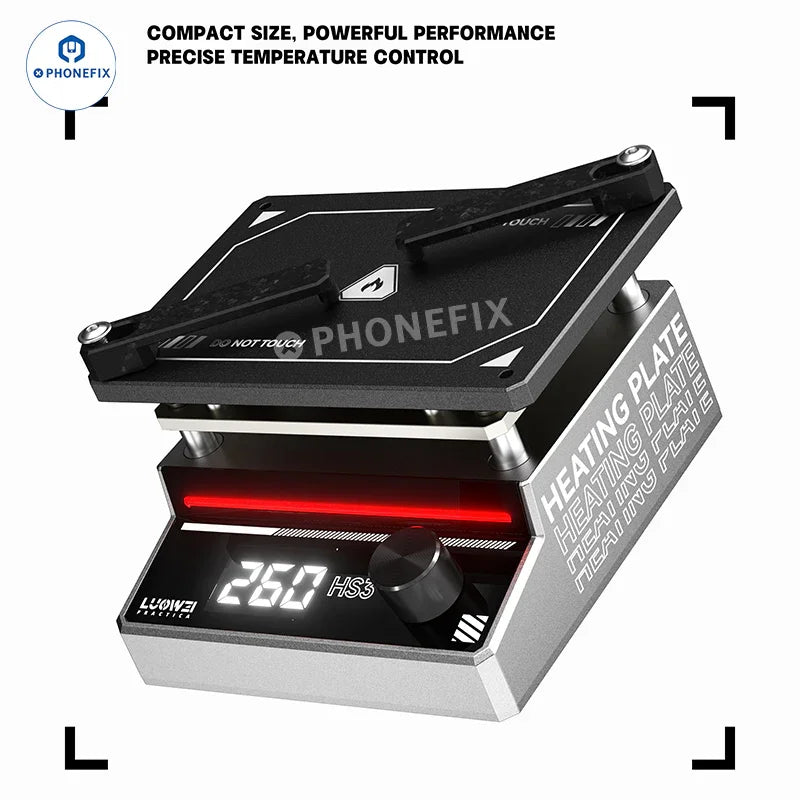 PhoneFix LUOWEI HS3 PCB heating platform for removing IC glue from phone PCBs, with 110V US plug and adjustable heating surface.