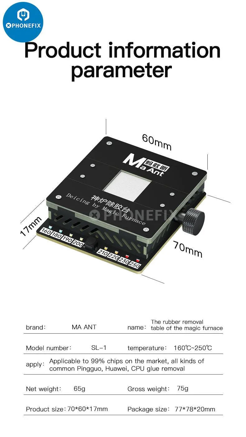 MaAnt SL-2 PCB heating platform for glue removal by PHONEFIX, with a constant temperature heating surface for electronics repair.