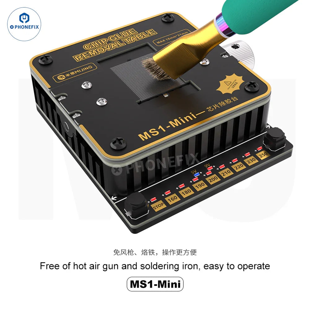 PHONEFIX MIJING MS1-MINI PCB heating platform for chip glue removal, featuring a compact temperature-controlled heating surface.