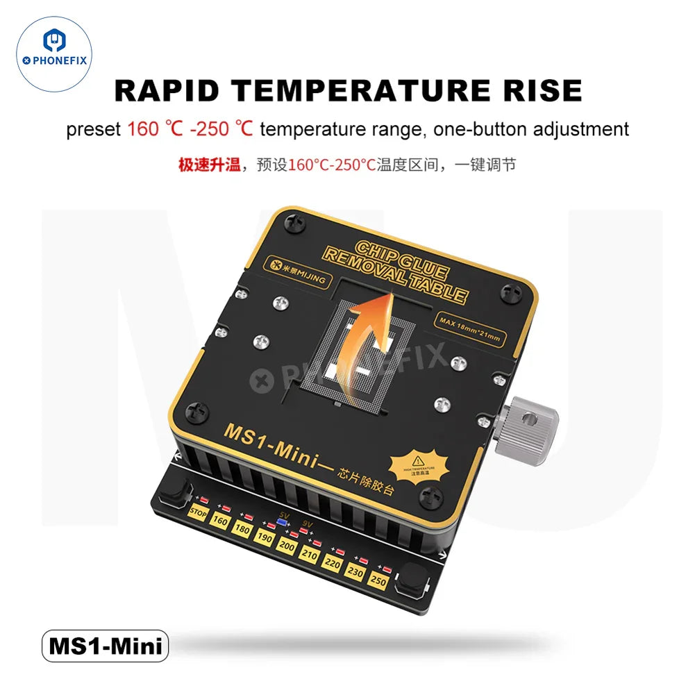 MIJING MS1-MINI PCB heating platform by PHONEFIX for chip and glue removal, with adjustable heating surface and control knobs.