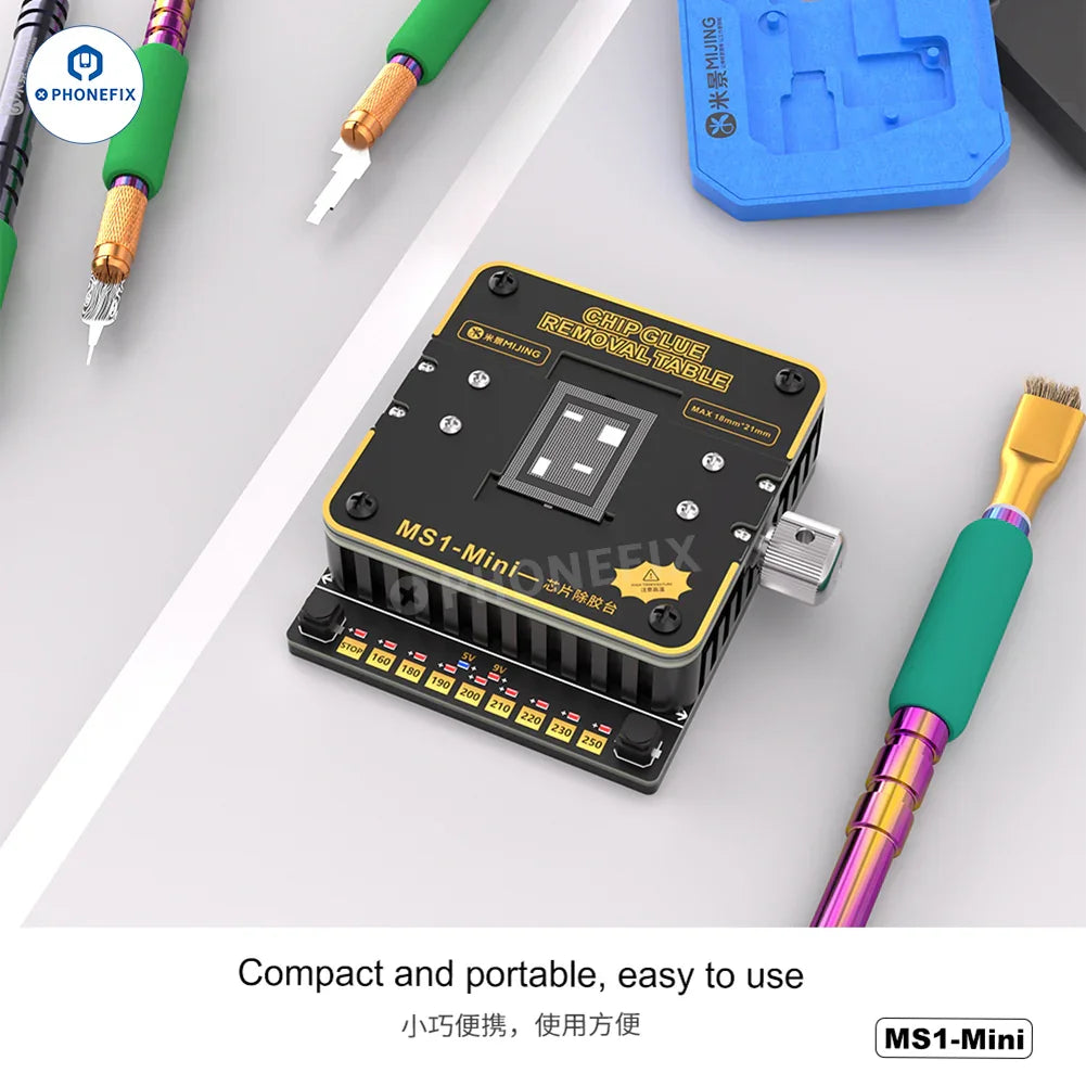 MIJING MS1-MINI PCB heating platform by PHONEFIX with adjustable temperature controls for chip glue removal.